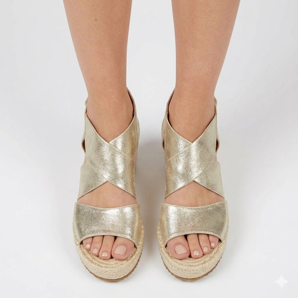 Eileen Fisher Boho Espadrille Wedge Sandals Womens 8 Silver Leather Metallic